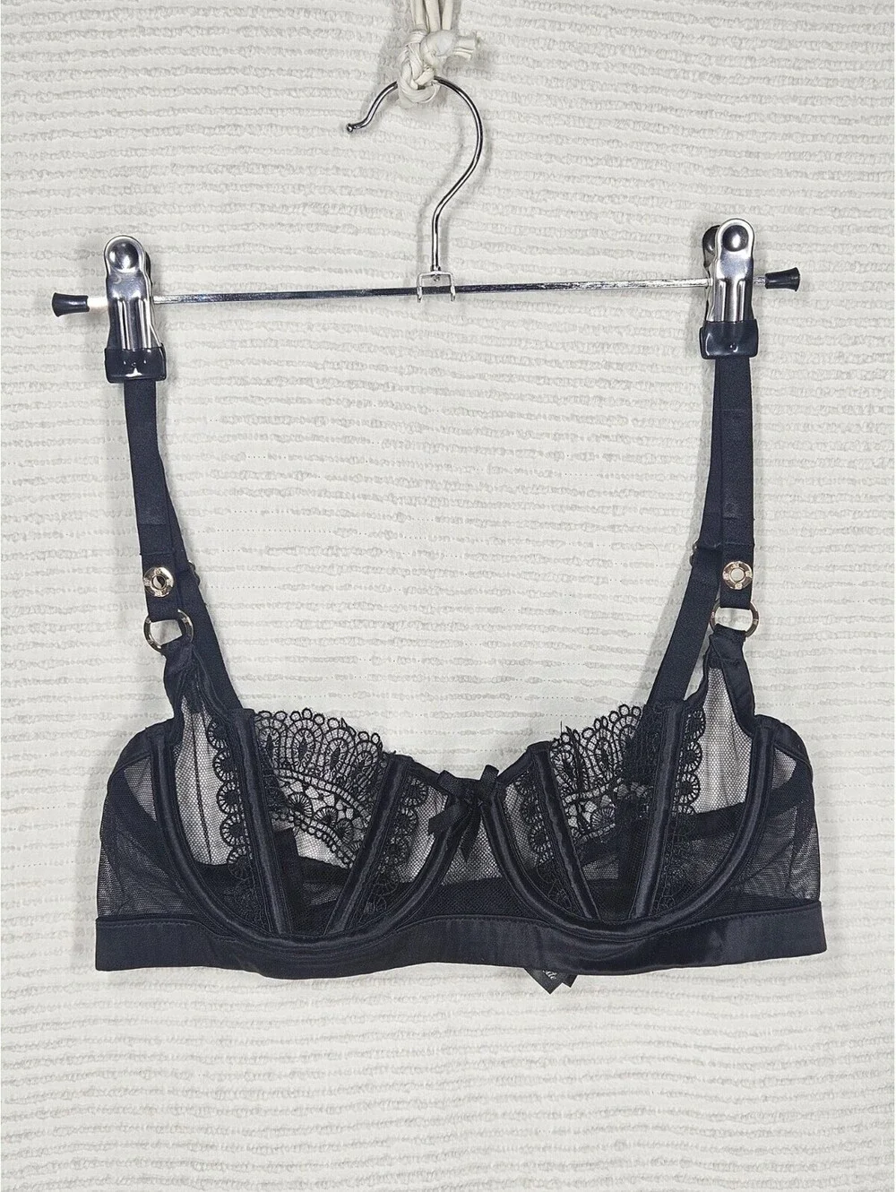 honey birdette Miss Soo Bra 10C 32C Black Boned Balconette Satin Lace Rare Luxe